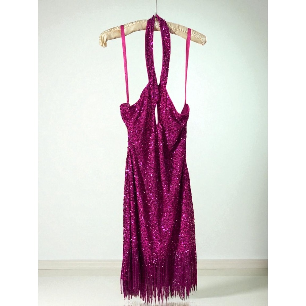 NWT | MAC DUGGAL Style 10000 Sequin Halter Fringe Dress Pink Magenta Size 12 - Picture 4 of 7